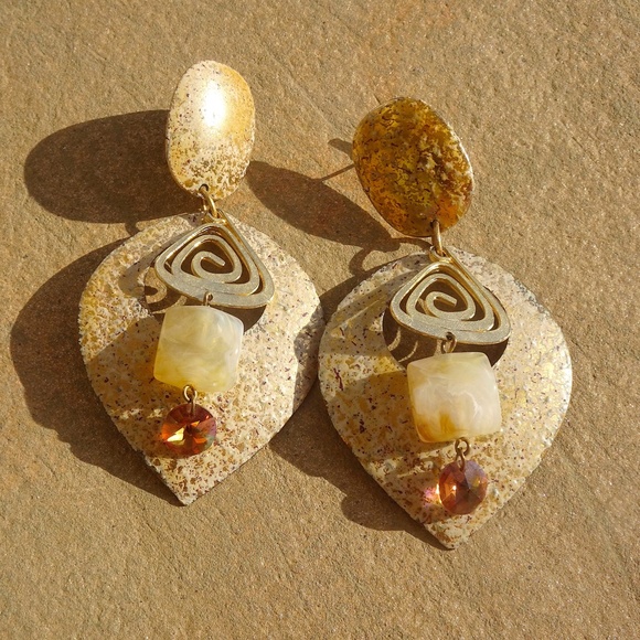 Big Vintage '80s Gold Gold Swirl Spiral Swarovski Crystal Post Dangle Earrings - Picture 5 of 6